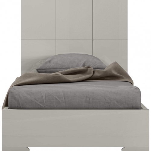 Anna Twin Bed, Squares Design in Headboard, High Gloss Light Grey