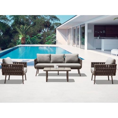Oasis Indoor Outdoor 4 Piece Sofa Set in Taupe Weave, Fabric & Aluminum