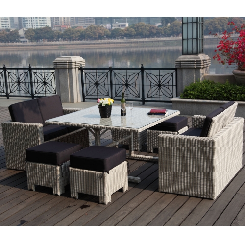 Robinson 7 Piece Dining Set in White Wash Poly Wicker & Grey Fabric