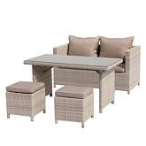 Abbie 4 Piece Outdoor Dining Set in Beige Poly Wicker & Fabric