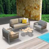 Catalina 4 Piece Outdoor Loveseat Set in Grey Aluminum, Light Gray Rope & Brown Fabric