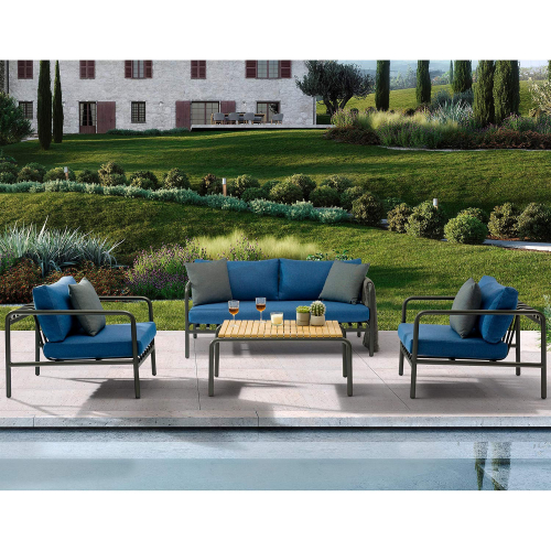 Andrea 4 Piece Outdoor Loveseat Set in Blue Olefin Fabric & Grey Aluminum
