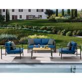 Andrea 4 Piece Outdoor Loveseat Set in Blue Olefin Fabric & Grey Aluminum