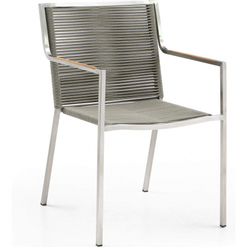 Rhea Outdoor Dining Arm Chair in Stainless Steel, Light Brown Rope & Teak (Set of 4)