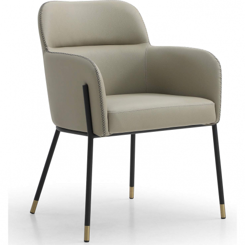 Heidi Dining Arm Chair in Light Grey Eco Leather, Dark Grey Stitching & Black Steel