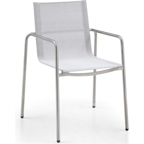 Paola Outdoor Dining Arm Chair in Brushed Stainless Steel & Light Grey Fabric (Set of 4)