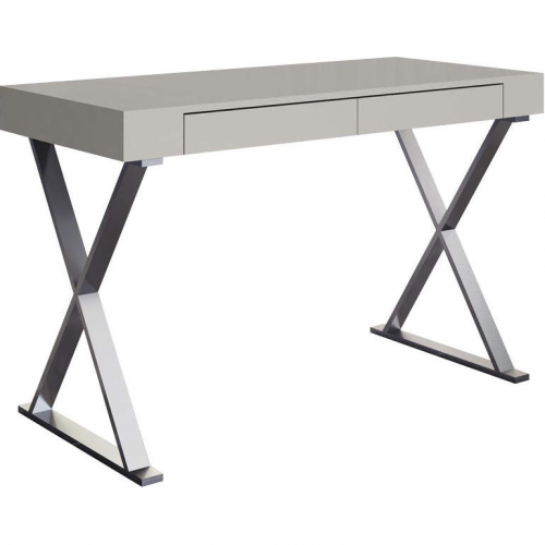 Elm 47" Desk in High Gloss Light Grey & Stainless Steel