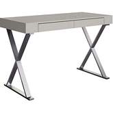Elm 47" Desk in High Gloss Light Grey & Stainless Steel