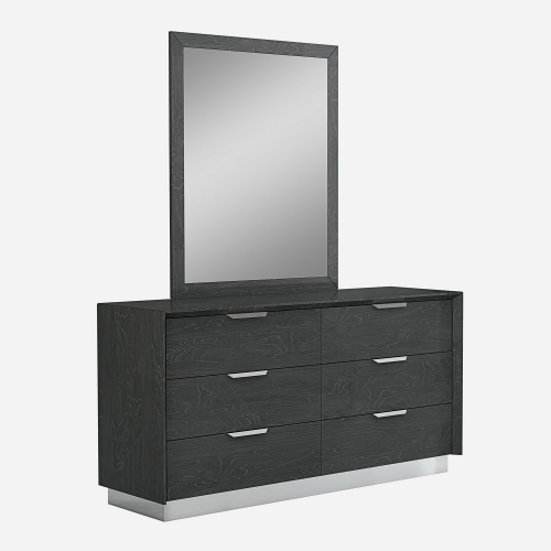 Navi 6 Drawer Double Dresser in High Gloss Grey with Stainless Steel Trim