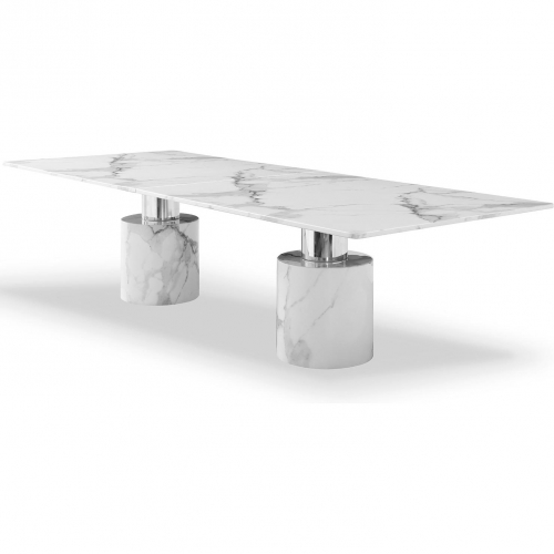 Geneva 180" Dining Table in Gloss White Marble & Polished Stainless Steel