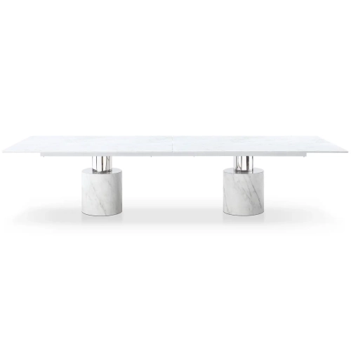 Geneva 136" Dining Table in Gloss White Marble & Polished Stainless Steel Cylinder Bases