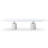 Geneva 136" Dining Table in Gloss White Marble & Polished Stainless Steel Cylinder Bases