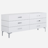 Diva 6 Drawer Double Dresser in High Gloss White on Stainless Steel Legs