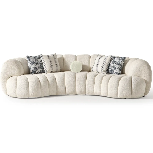 Rhodes Curved Sofa in Channel Tufted White Chenille Fabric