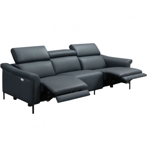 Martine Power Recline Sofa in Blue Leather & Black Metal