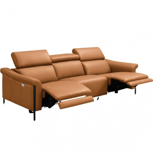 Martine Power Recline Sofa in Camel Leather & Black Metal