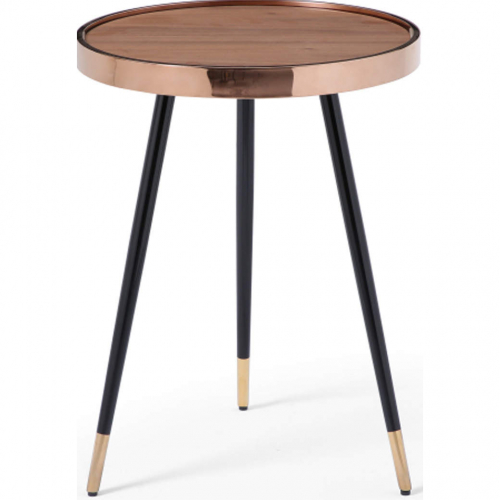 Meli 24"H Side Table in Walnut Veneer, Rose Gold & Black Stainless Steel