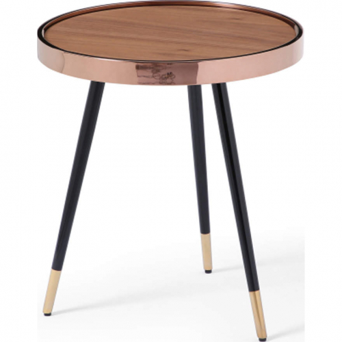 Meli 20"H Side Table in Walnut Veneer, Rose Gold & Black Stainless Steel