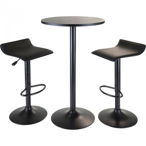 Obsidian 3 Piece Pub Set - Round Table with 2 Airlift Stools in Black Vinyl