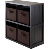 Timothy Wainscoting Panel 2 x 2 Cube in Black with 4 Chocolate Fabric Baskets