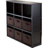 Timothy Wainscoting Panel 3 x 3 Cube in Black w/ 6 Chocolate Foldable Baskets