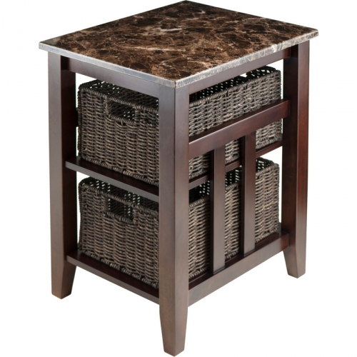 Zoey Side End Table with Faux Marble Top & 2 Baskets in Chocolate