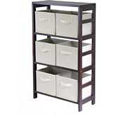 Capri 3 Section M Storage Shelf w/ 6 Foldable Fabric Baskets in Dark Espresso & Beige