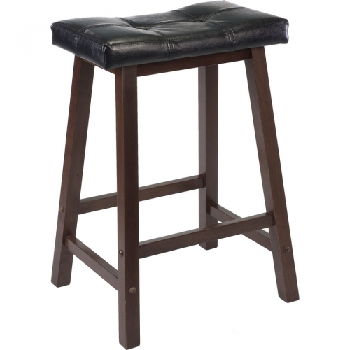 Mona 24" Cushion Saddle Seat Stool with Wood Legs in Black Faux Leatherette