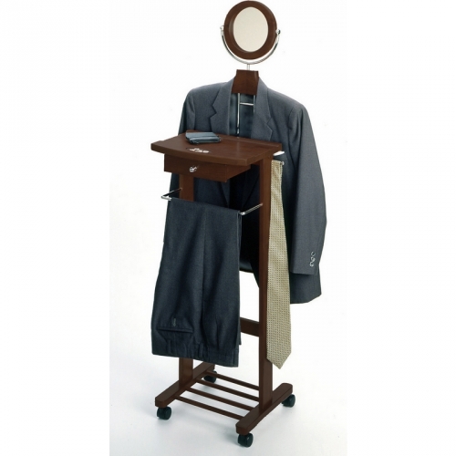 Valet Stand with Mirror Drawer Tie Hook Casters in Antique Walnut