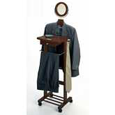 Valet Stand with Mirror Drawer Tie Hook Casters in Antique Walnut