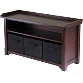 Verona Storage Bench with 3 Foldable Black Color Fabric Baskets in Walnut