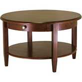 Concord Round Coffee Table w/ Drawer & Shelf in Antique Walnut