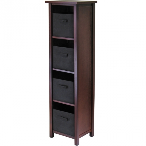 Verona 4 Section N Storage Shelf with 4 Foldable Black Color Fabric Baskets in Walnut