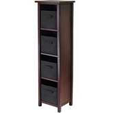 Verona 4 Section N Storage Shelf with 4 Foldable Black Color Fabric Baskets in Walnut