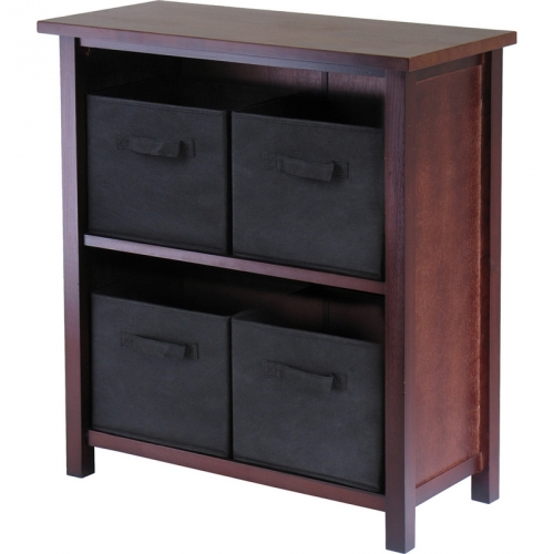 Verona 2 Section M Storage Shelf with 4 Foldable Black Fabric Baskets in Walnut