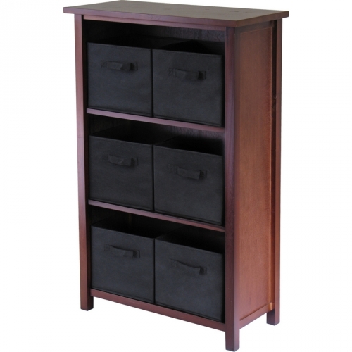 Verona 3 Section M Storage Shelf with 6 Foldable Black Color Fabric Baskets in Walnut
