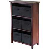 Verona 3 Section M Storage Shelf with 6 Foldable Black Color Fabric Baskets in Walnut