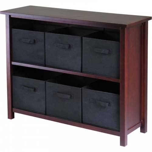 Verona 2 Section W Storage Shelf with 6 Foldable Black Fabric Baskets in Walnut