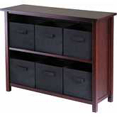 Verona 2 Section W Storage Shelf with 6 Foldable Black Fabric Baskets in Walnut