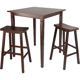 3 Piece Kingsgate High Pub Dining Table w/ 2 Saddle Stools in Antique Walnut