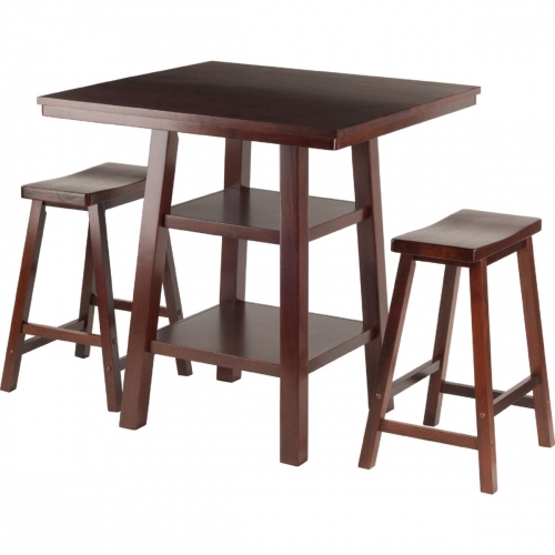 Orlando 3 Piece Set High Table with 2 Shelves & 2 Saddle Seat Stools in Walnut