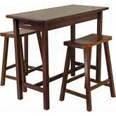 3 Piece Kitchen Island Set; Table w/ 2 Drawers & 2 Saddle Bar Stools in Antique Walnut