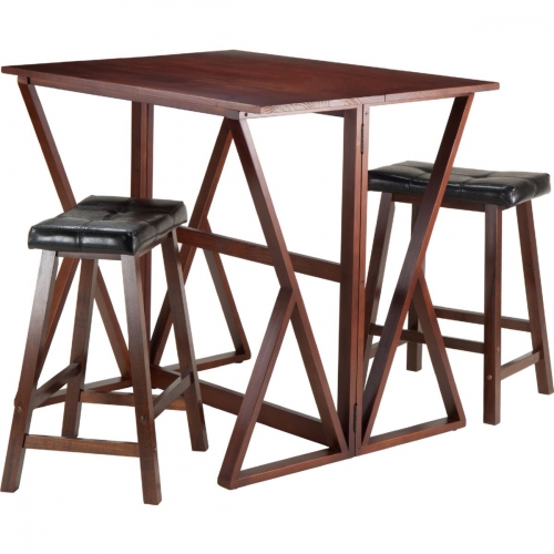 Harrington 3 Piece Drop Leaf Pub Table with 2 Saddle Counter Stools in Antique Walnut