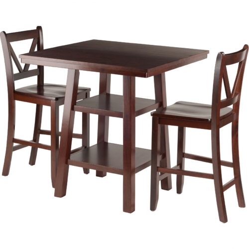 Orlando 3 Piece Set High Table with 2 Shelves & 2 V-Back Counter Stools in Walnut
