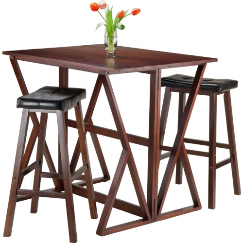 Harrington 3 Piece Drop Leaf Pub Table with 2 Saddle Bar Stools in Antique Walnut