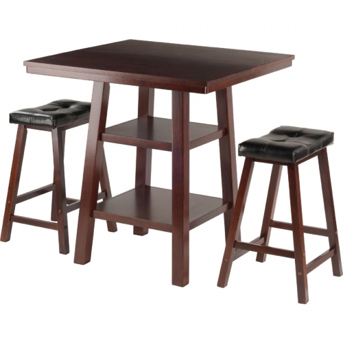 Orlando 3 Piece Set High Table with 2 Shelves & 2 Leatherette Seat Stools in Walnut