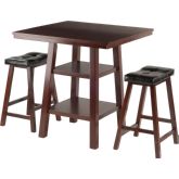 Orlando 3 Piece Set High Table w/ 2 Shelves & 2 Leatherette Seat Stools in Walnut