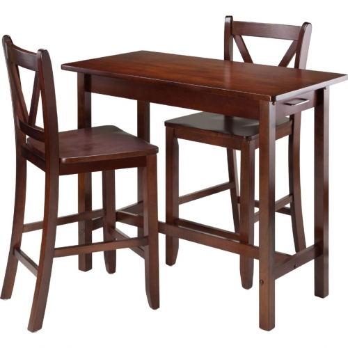3 Piece Kitchen Island Table with 2 V Back Stools in Walnut