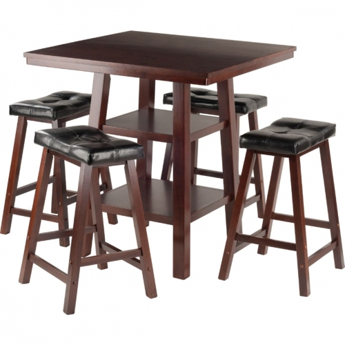 Orlando 3 Piece Set High Table with 2 Shelves & 4 Leatherette Seat Stools in Walnut