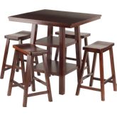 Orlando 5 Piece Set High Table w/ 2 Shelves & 4 Saddle Seat Stools in Walnut